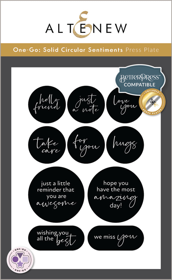 Altenew One-Go Solid Circular Sentiments Dies and Betterpress Plate bundle for card making and crafting, featuring circular sentiment designs.