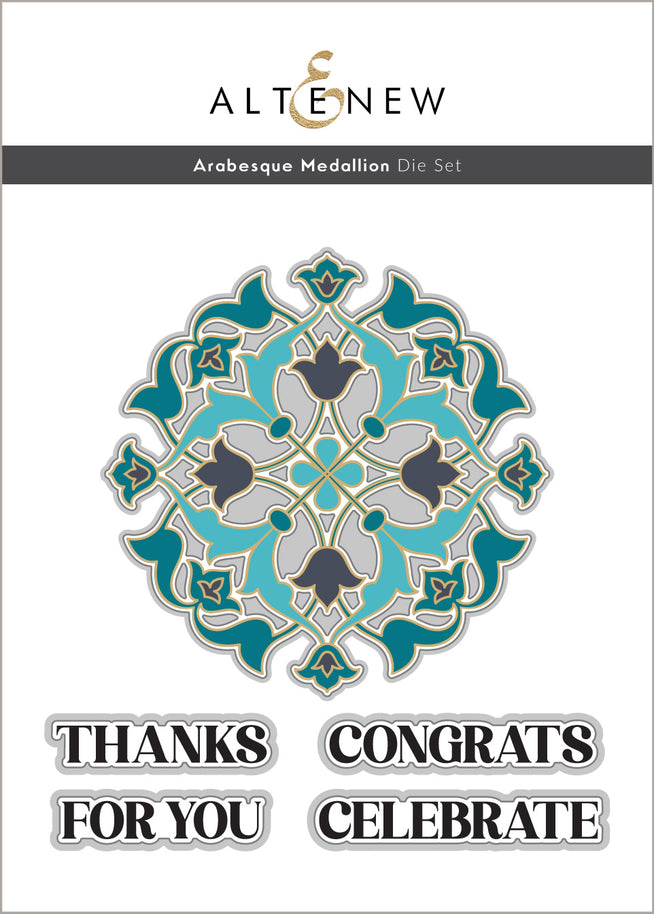 Altenew Arabesque Medallion stencil, die, and embossing folder bundle with intricate medallion patterns for crafting projects.