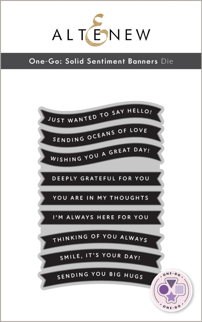 Altenew One-Go Solid Sentiment Banners die and stamp bundle with a Betterpress plate, featuring various sentiment banner designs.