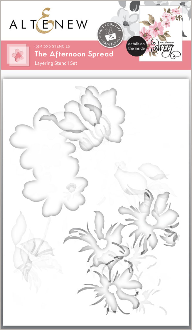 Altenew Craft Your Life Project Kit featuring The Afternoon Spread layering stencil set with five different stencil designs.