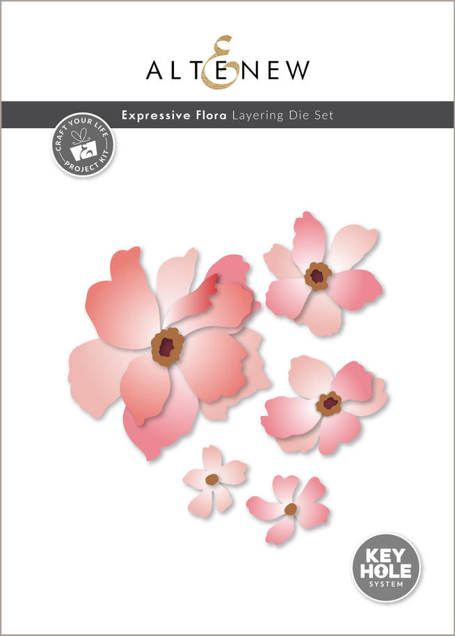Altenew Craft Your Life Project Kit Expressive Flora with layered floral die set and crafting tools on a workspace.