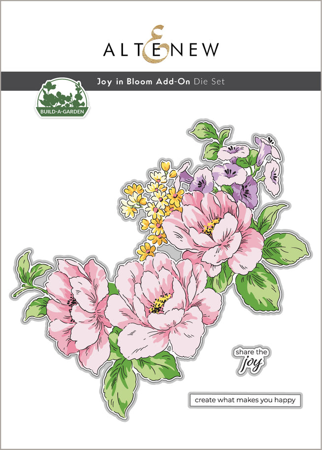 Build-A-Garden Joy in Bloom Add-On Die Set by Altenew, metal dies for floral crafting and card making, shown on white background.