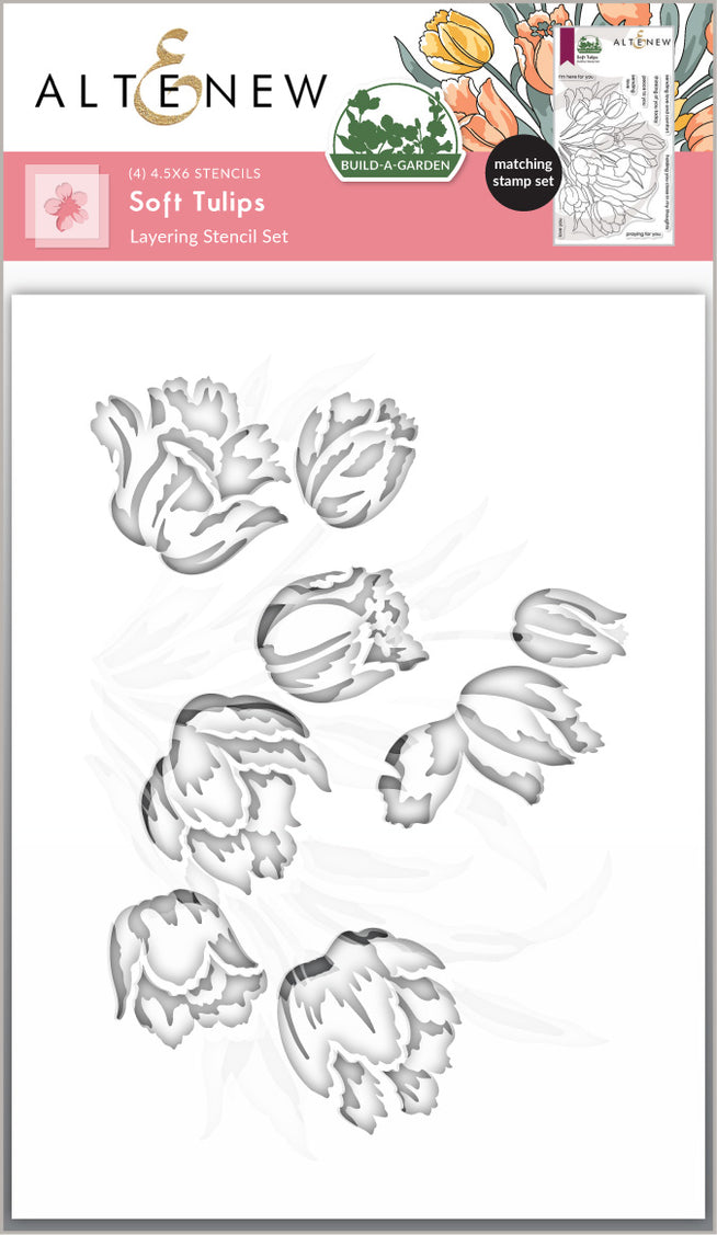 Build-A-Garden Soft Tulips layering stencil set by Altenew featuring four intricate floral stencils for crafting and scrapbooking.