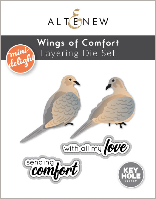 Altenew Mini Delight Wings of Comfort stamp and layering die set with intricate wing and cloud designs on white background.