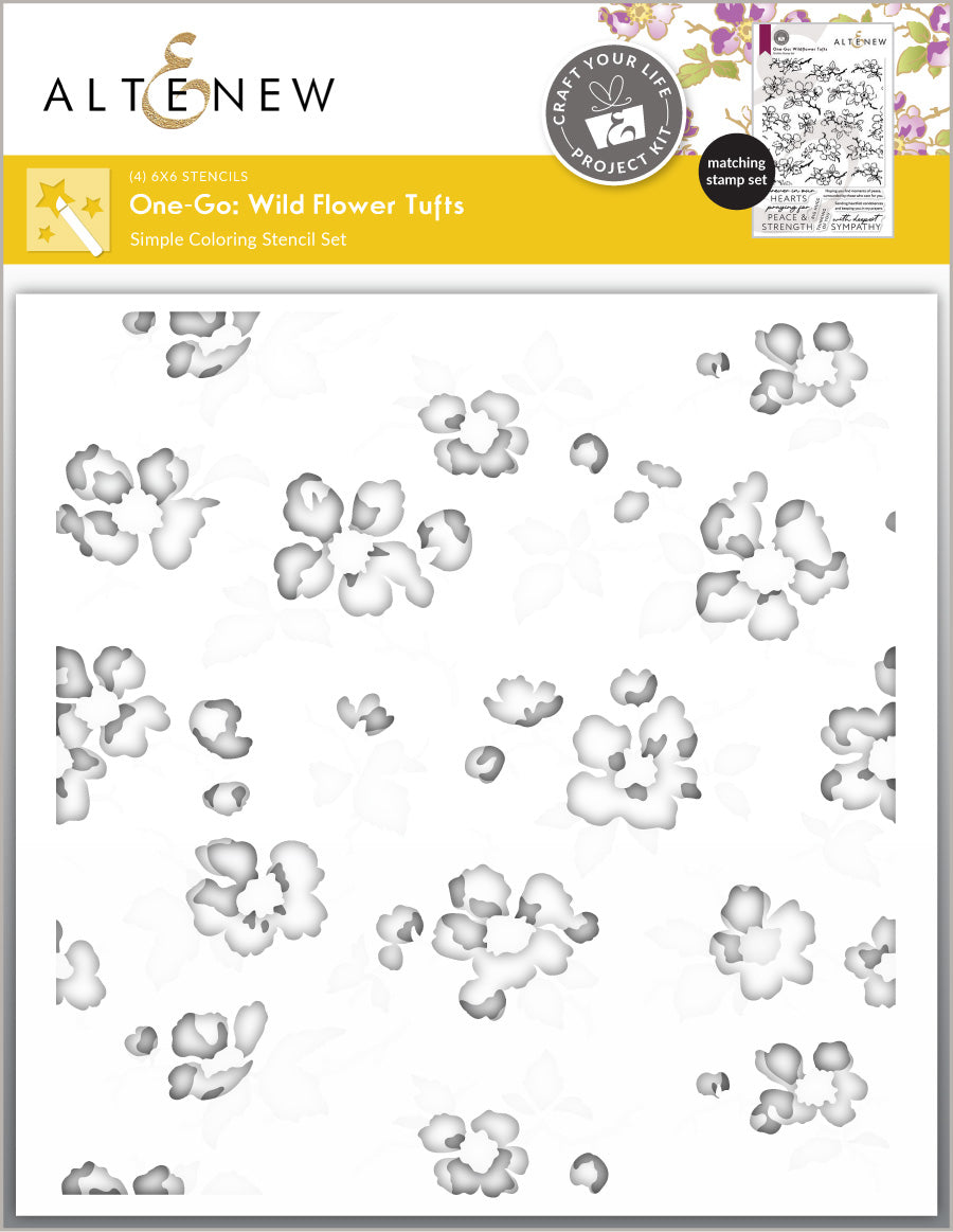 Altenew Craft Your Life Project Kit with Wildflower Tufts stencil set, featuring colorful floral designs for crafting projects.
