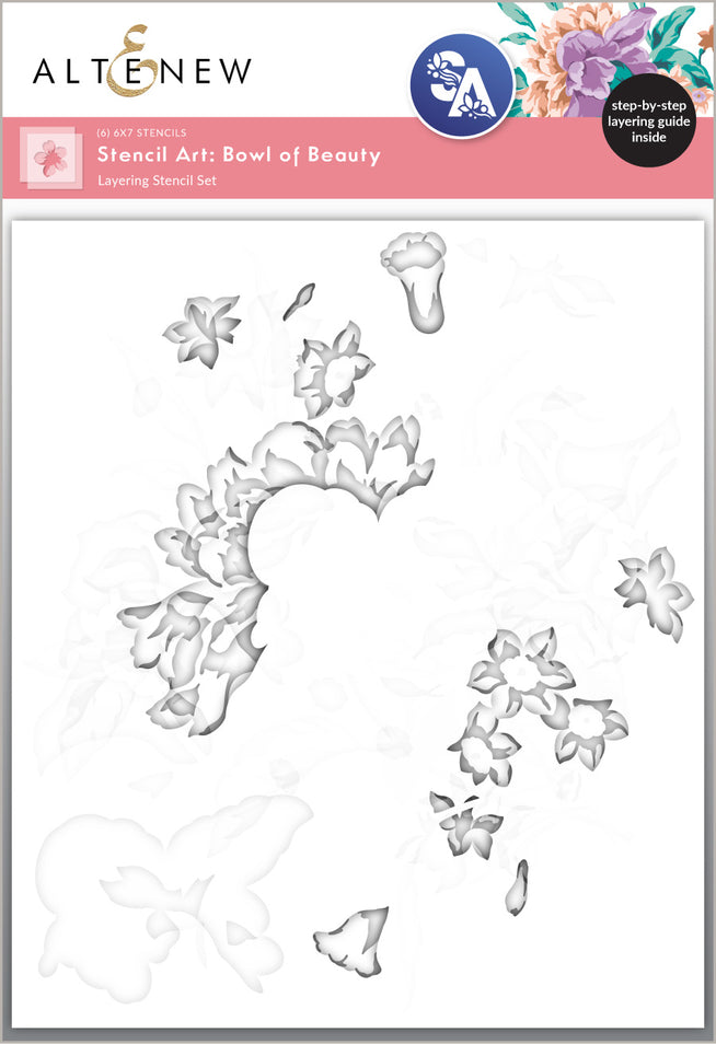 Altenew Bowl of Beauty Layering Stencil Set, 6-in-1 floral stencil design for artistic craft projects and card making.