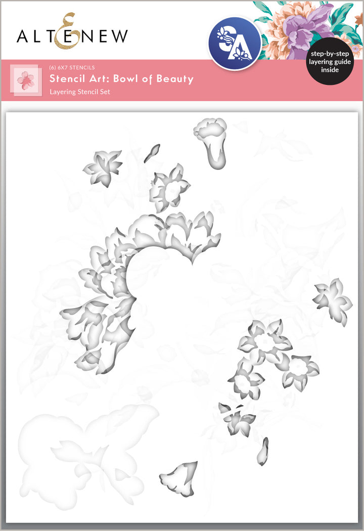 Altenew Bowl of Beauty Layering Stencil Set, 6-in-1 floral stencil design for artistic craft projects and card making.