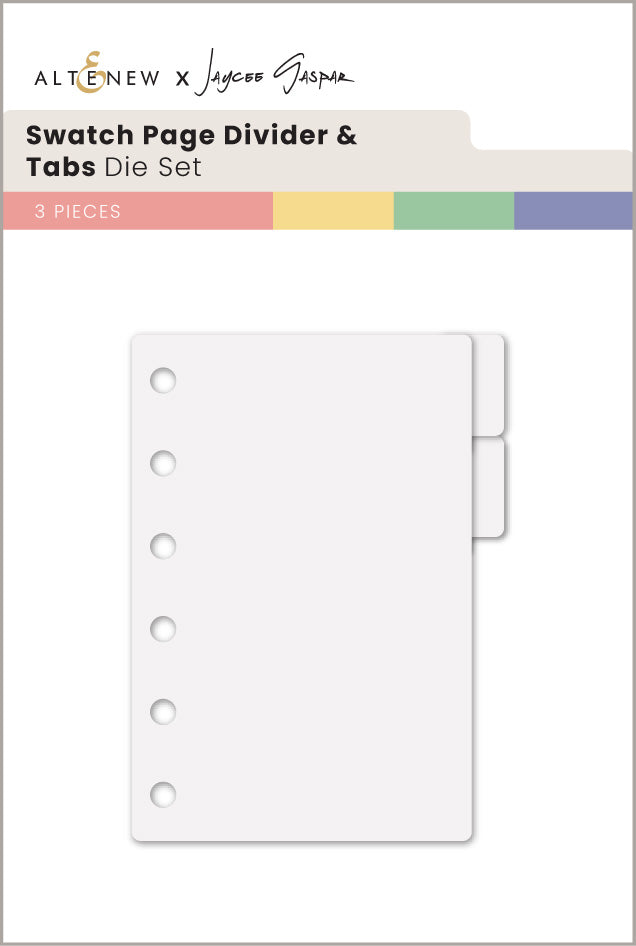 Altenew Swatch Page Divider and Tabs Die Set from Jaycee's Swatching System, showcasing metal dies for organizing swatch pages.