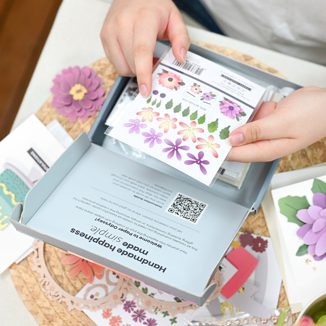 Close-up of Altenew Floral Elegance greeting card kit label showcasing vibrant floral designs and detailed packaging.