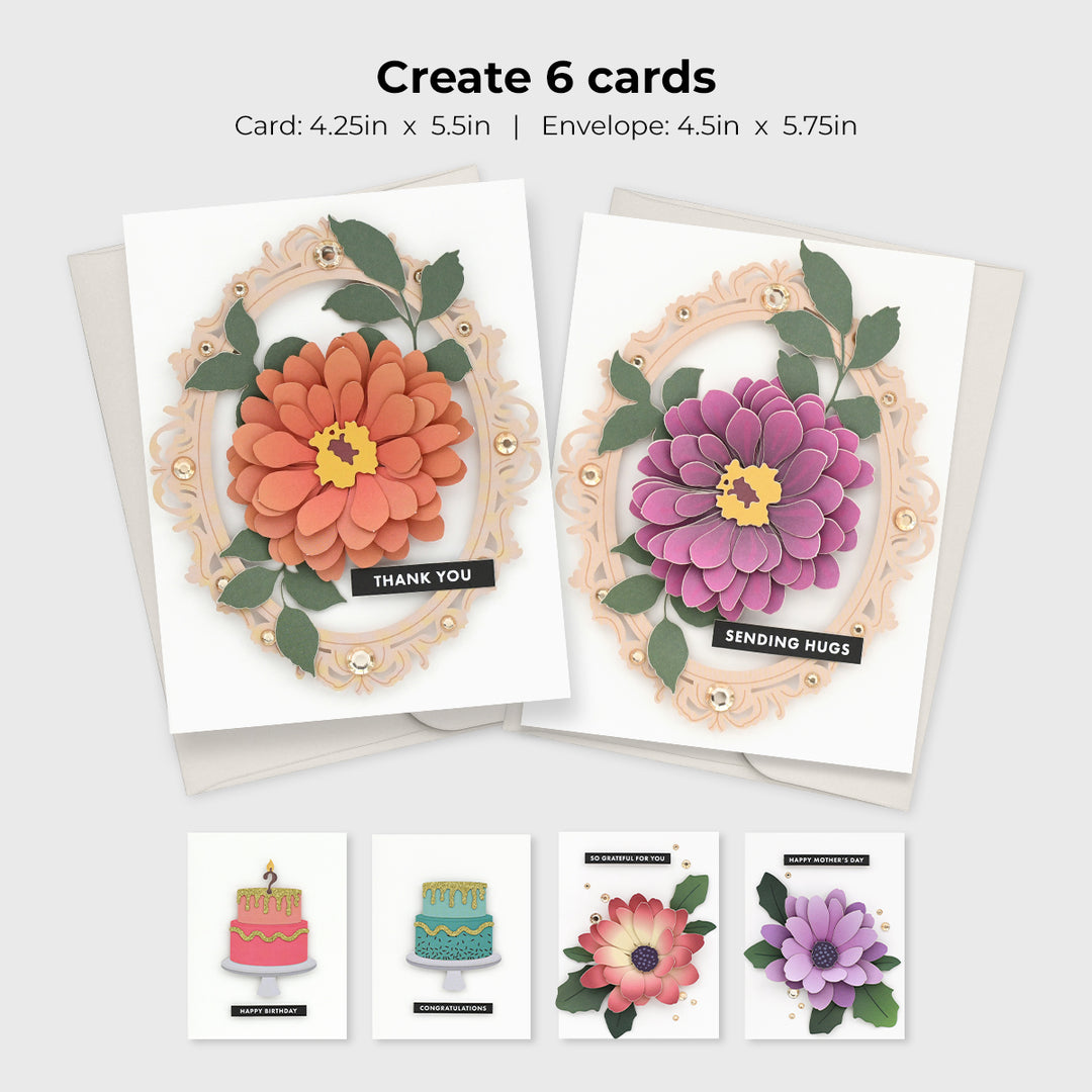 Altenew Floral Elegance greeting card kit featuring colorful floral designs and crafting supplies on a white background.