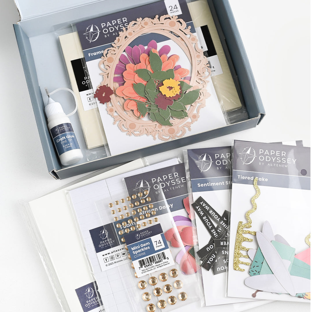 Altenew Floral Elegance Greeting Card Kit featuring colorful floral designs and crafting supplies for handmade cards