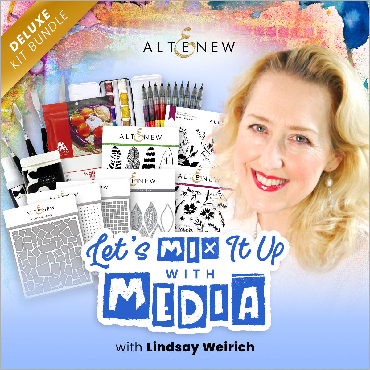 Altenew Let's Mix It Up With Media special workshop kit featuring various art supplies and media tools for creative projects.