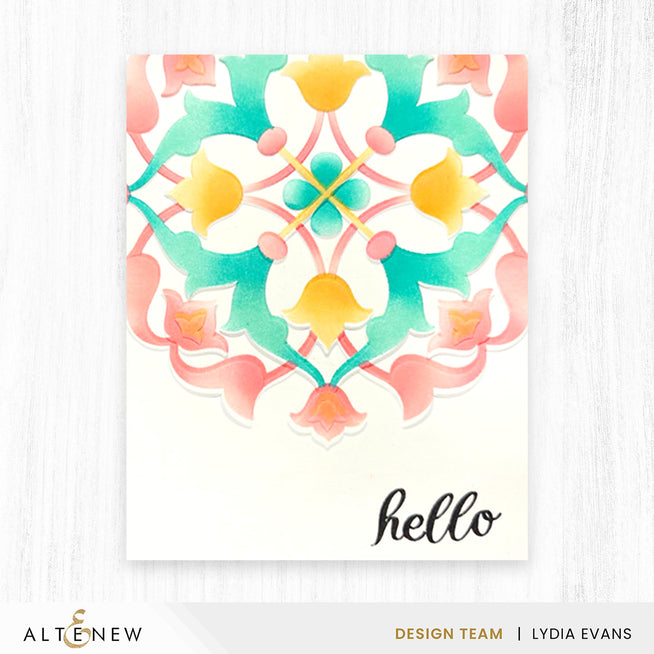 Altenew Arabesque Medallion stencil, die, and embossing folder bundle featuring intricate geometric patterns for crafting projects.