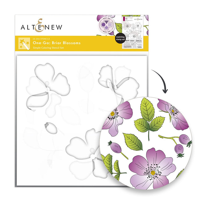 Altenew One-Go Briar Blossoms stamp, die, stencil, and embossing folder set for floral craft projects, featuring intricate blossom designs.