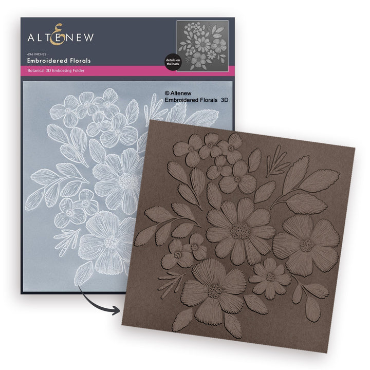 Altenew embroidered florals 3D embossing folder with intricate floral patterns for paper crafts and card making.