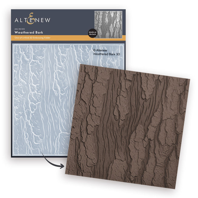 Weathered Bark 3D embossing folder by Altenew showing textured bark pattern for paper crafting and card making projects.