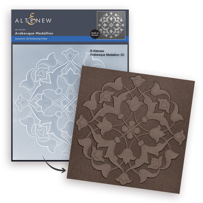 Altenew Arabesque Medallion 3D embossing folder for stencil and die crafting, featuring intricate medallion patterns for creative projects.