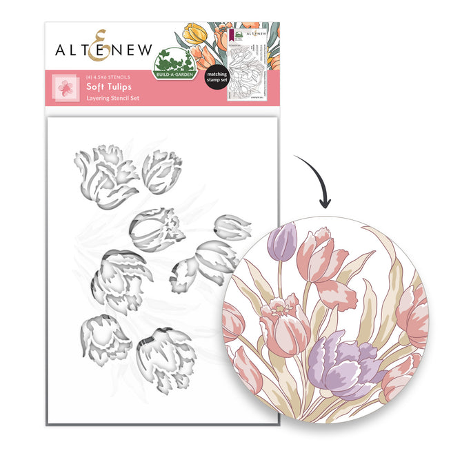 Build-A-Garden Soft Tulips layering stencil set by Altenew, featuring four intricate floral stencil designs for creative crafting.
