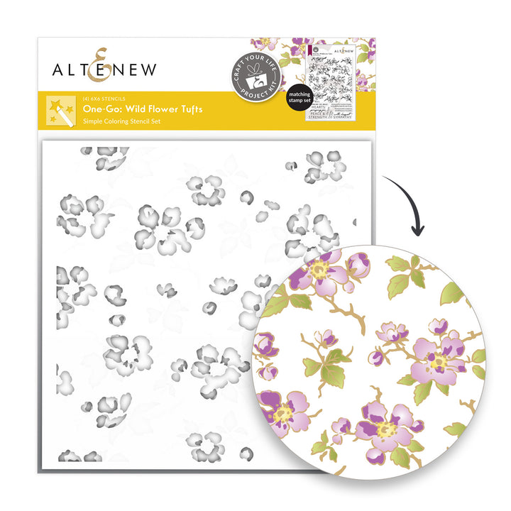 Altenew Craft Your Life Project Kit featuring Wildflower Tufts and Add-On Die Bundle with stencil set for floral crafting projects.