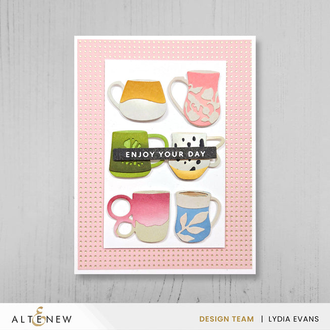 Altenew My Favorite Mugs Layering Die Set featuring intricate die cuts for creating layered mug designs.