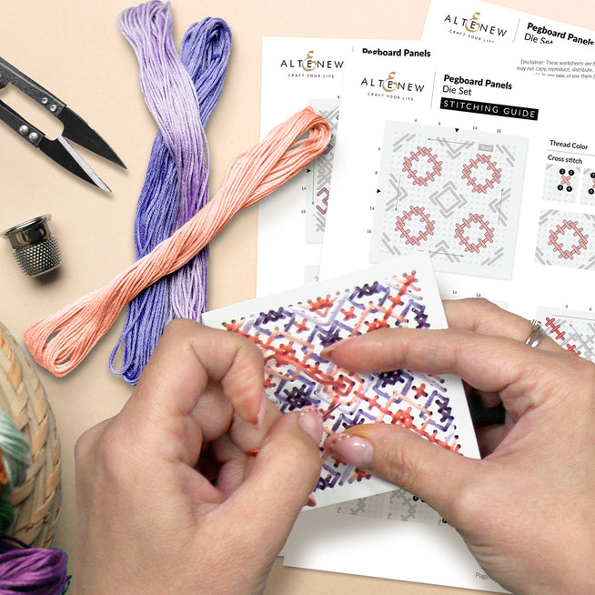Altenew pegboard panels die set with stitching guide, ideal for crafting and DIY projects, shown with stitched details on white background.