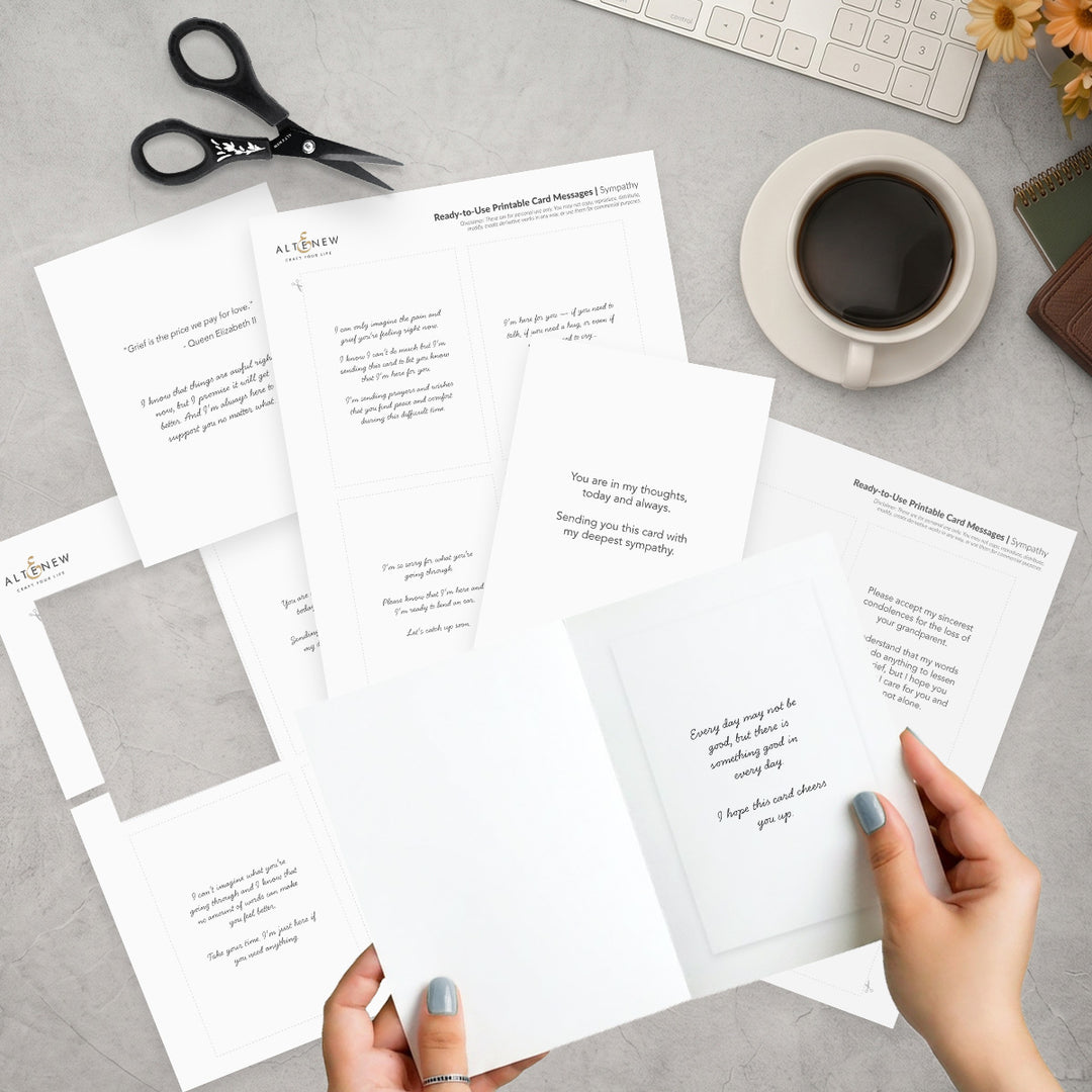 Printable sympathy card messages digital download by Altenew, showing sample heartfelt messages on a clean, white background.