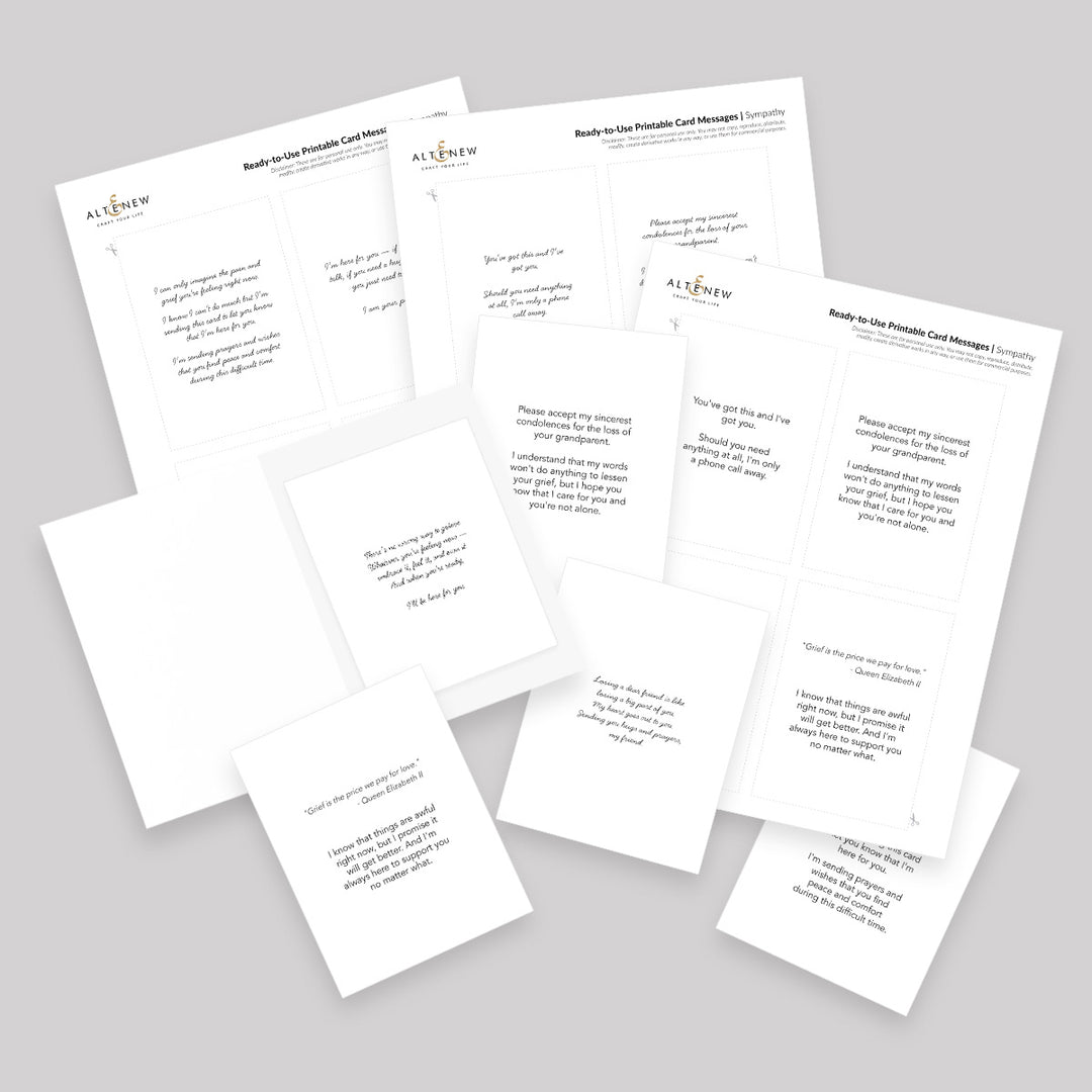 Printable sympathy card messages digital download from Altenew featuring elegant, heartfelt designs for comforting notes.