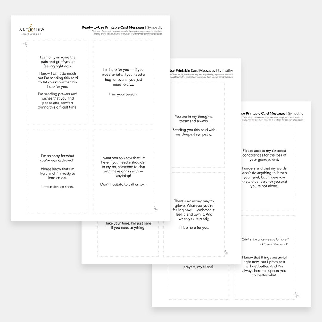 Printable sympathy card messages digital download from Altenew, featuring elegant designs for heartfelt condolences.