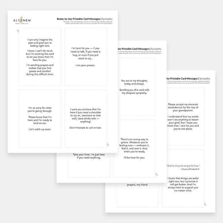 Printable sympathy card messages digital download from Altenew, featuring elegant designs for heartfelt condolences.