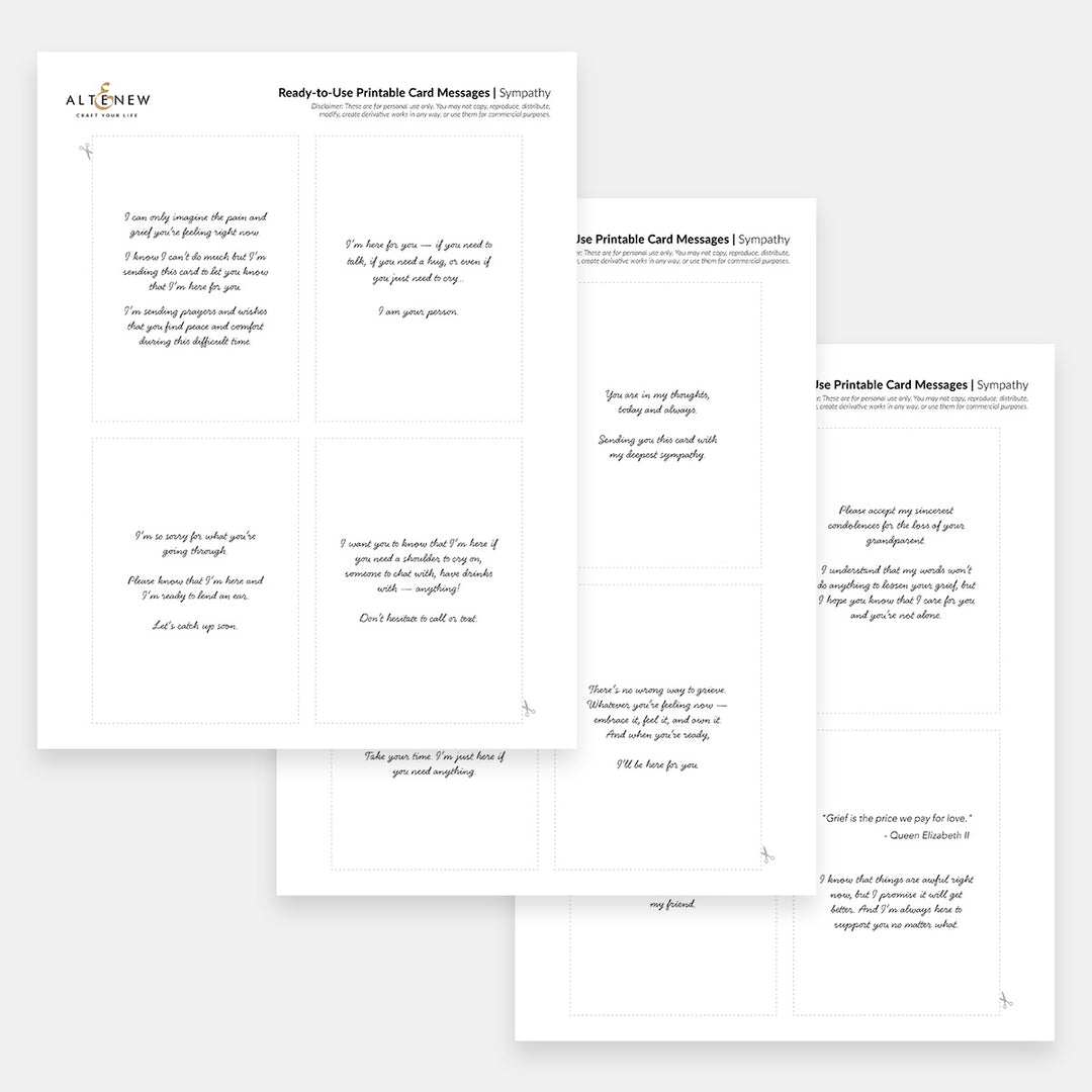 Printable sympathy card messages digital download by Altenew, featuring elegant text designs for heartfelt condolences.