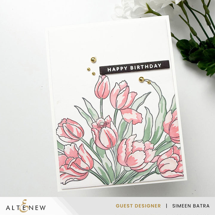 Build-A-Garden Altenew soft tulips set featuring colorful fabric tulip flowers and green leaves for creative garden crafting.