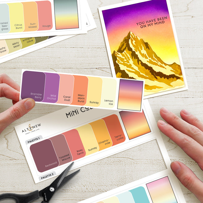 Sky gradient-themed printable swatches for paper crafting by Altenew, featuring a range of blue and pastel sky hues for digital download.