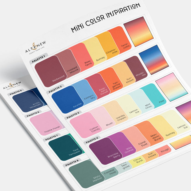 Sky gradient-themed printable swatches for paper crafting by Altenew, featuring digital download labels with various blue and sky tones.