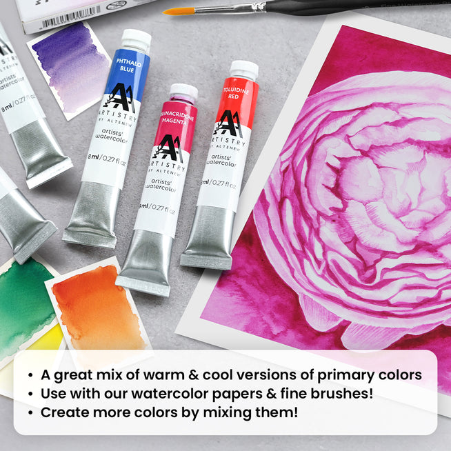Altenew Split Primary Watercolor Bundle with various watercolor paints displayed in a colorful set.