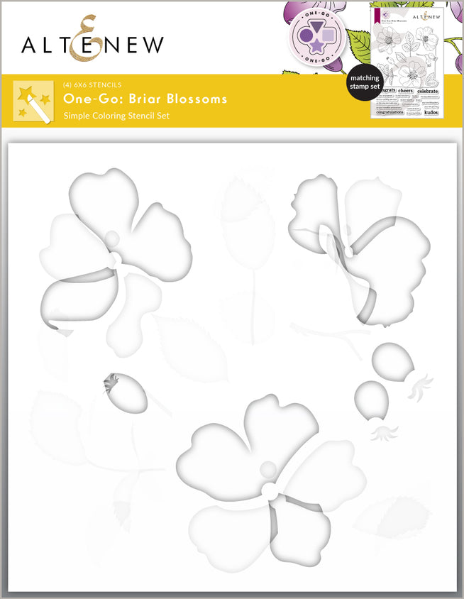 Altenew One-Go Briar Blossoms stencil set with matching stamp, die, and embossing folder for floral crafting projects.