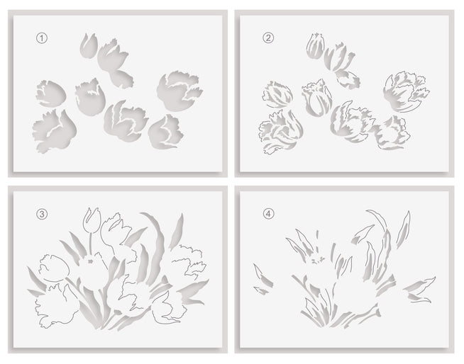 Build-A-Garden Soft Tulips layering stencil set by Altenew showing four stencil designs for creating tulip floral images.