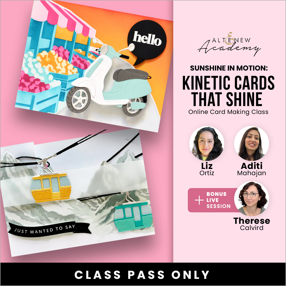 Workshop pass for Sunshine in Motion kinetic card craft workshop by Altenew, featuring shining, colorful kinetic card designs.