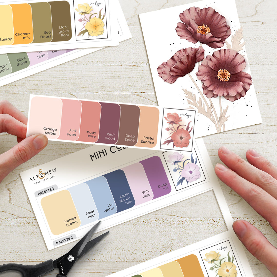 Digital download image showing Sympathy & Care Mini Color Inspiration Swatches by Altenew, with vibrant color samples on a digital label.