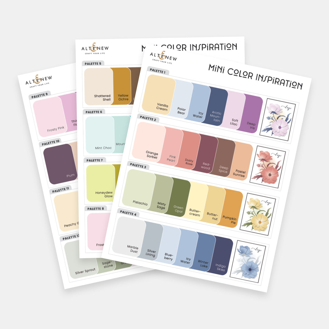 Altenew Sympathy & Care Mini Color Inspiration Swatches digital download showing colorful sample swatches on a white background.