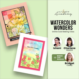 Altenew Watercolor Wonders workshop label with colorful watercolor design and class details on a white background.
