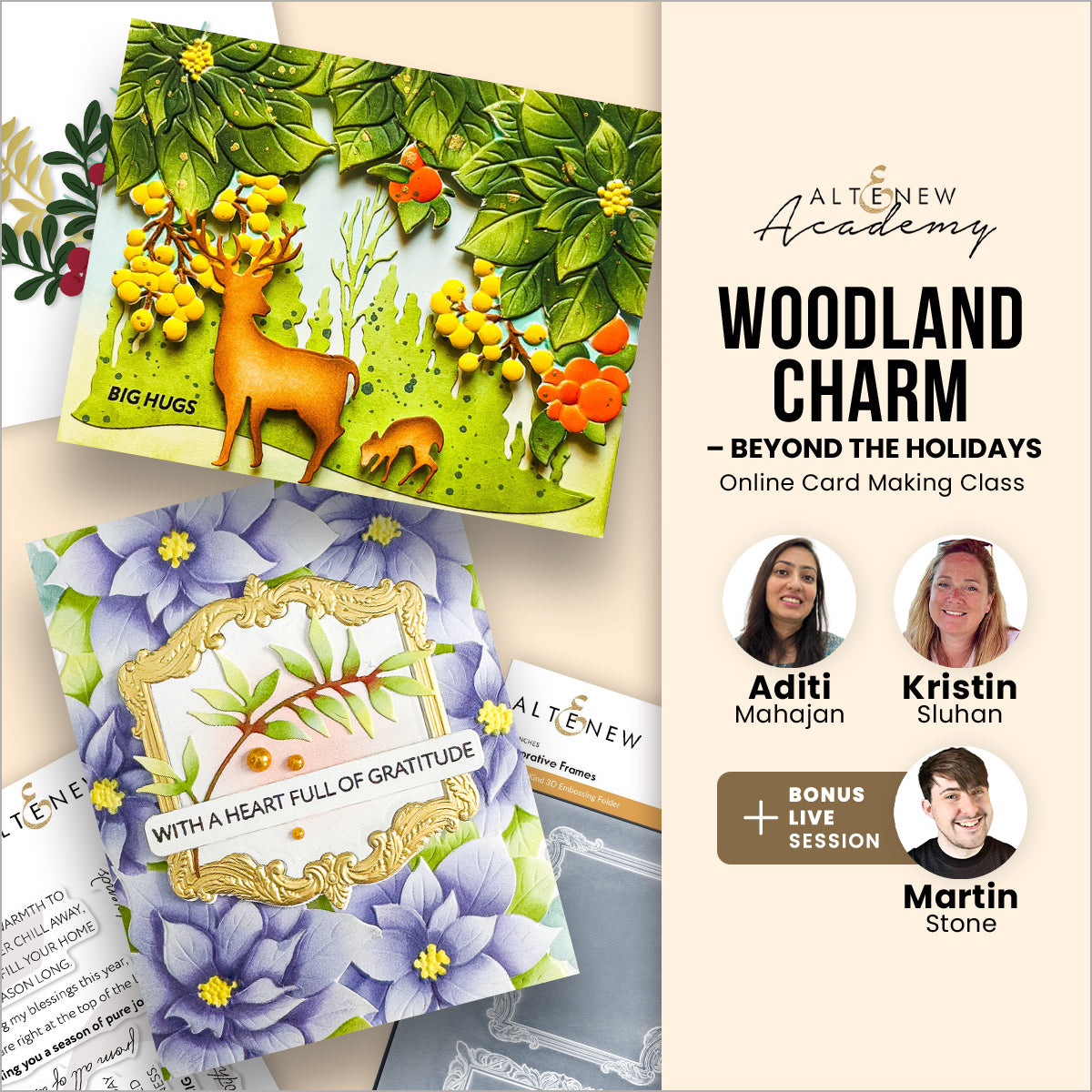 Altenew Woodland Charm Beyond the Holidays workshop kit featuring woodland-themed craft materials and design elements.