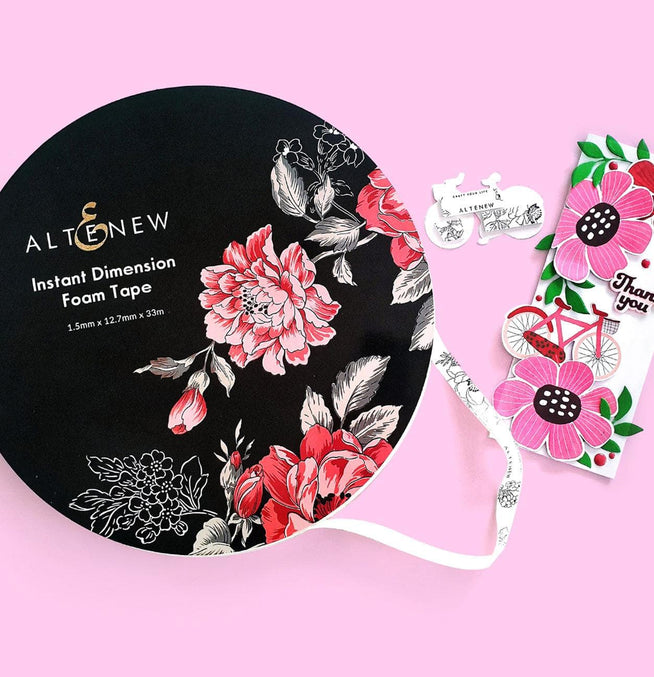Altenew Instant Dimension Foam Tape, 1/16 inch x 1/2 inch x 33 meters, adhesive foam tape for crafting and mounting projects.