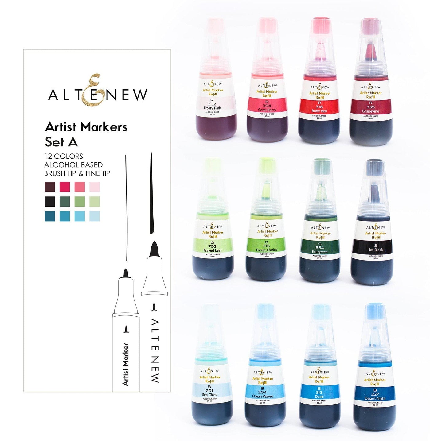 Altenew Alcohol Marker & Alcohol Ink Bundle Cosmic Garden Artist Alcohol Markers Set A & Alcohol Ink Bundle (12 Colors)