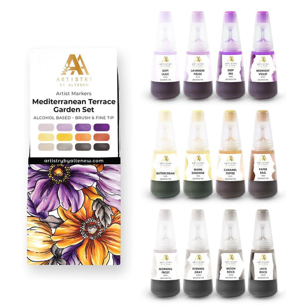 Mediterranean Terrace Garden Artist Alcohol Markers Set B & Alcohol Ink Bundle (12 Colors)
