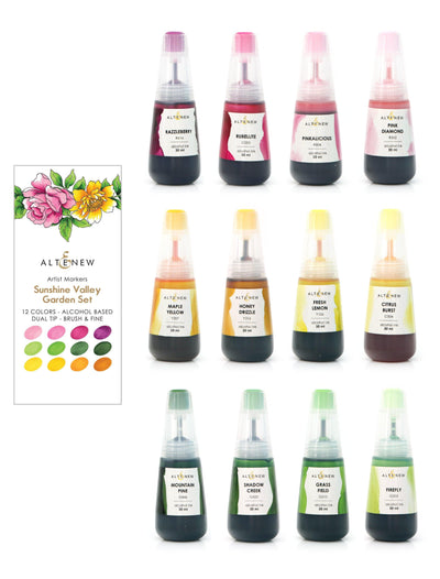 Altenew Alcohol Marker & Alcohol Ink Bundle Sunshine Valley Garden Bundle Artist Alcohol Markers & Alcohol Ink Bundle (12 Colors)
