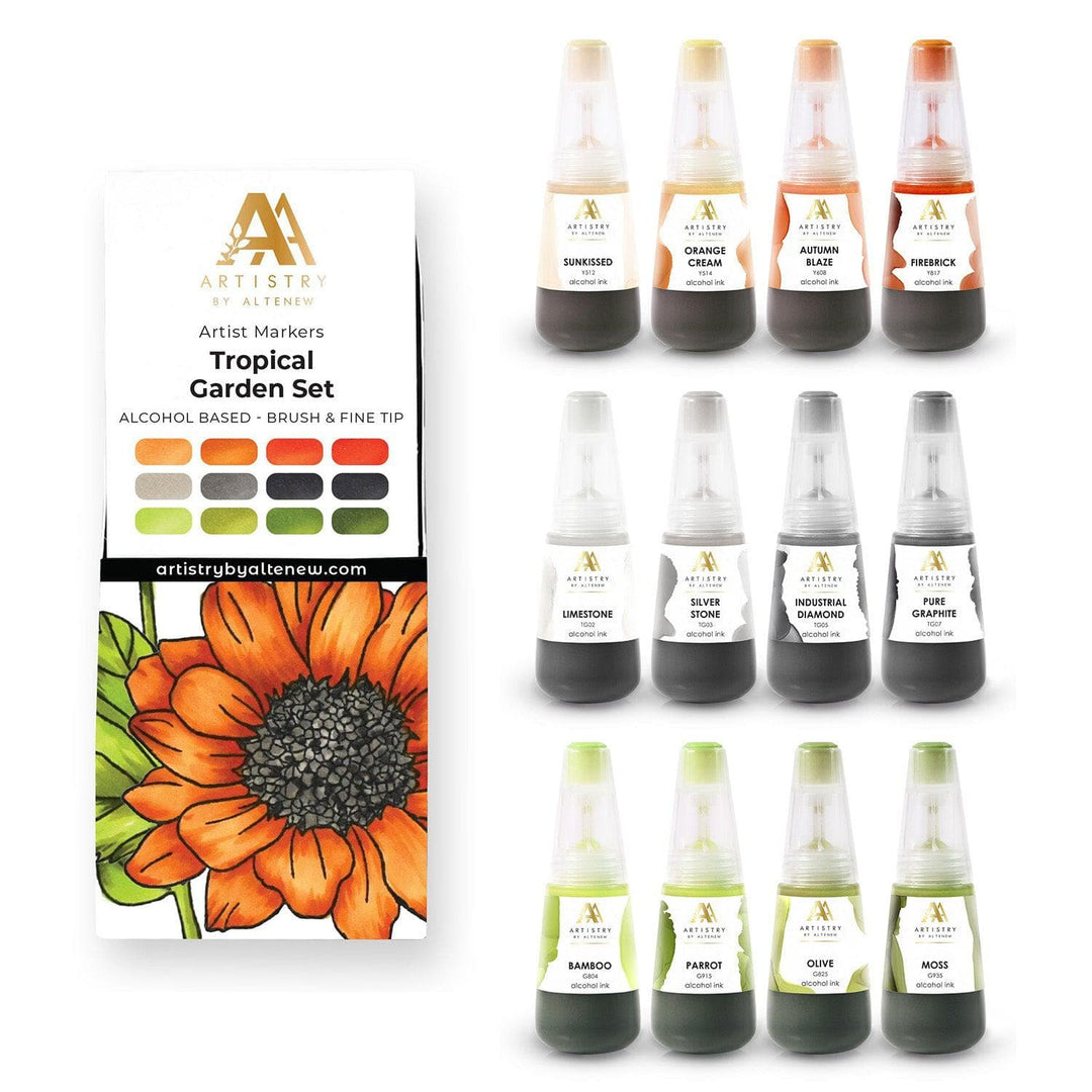 Tropical Garden Artist Alcohol Markers Set E & Alcohol Ink Bundle (12 Colors)