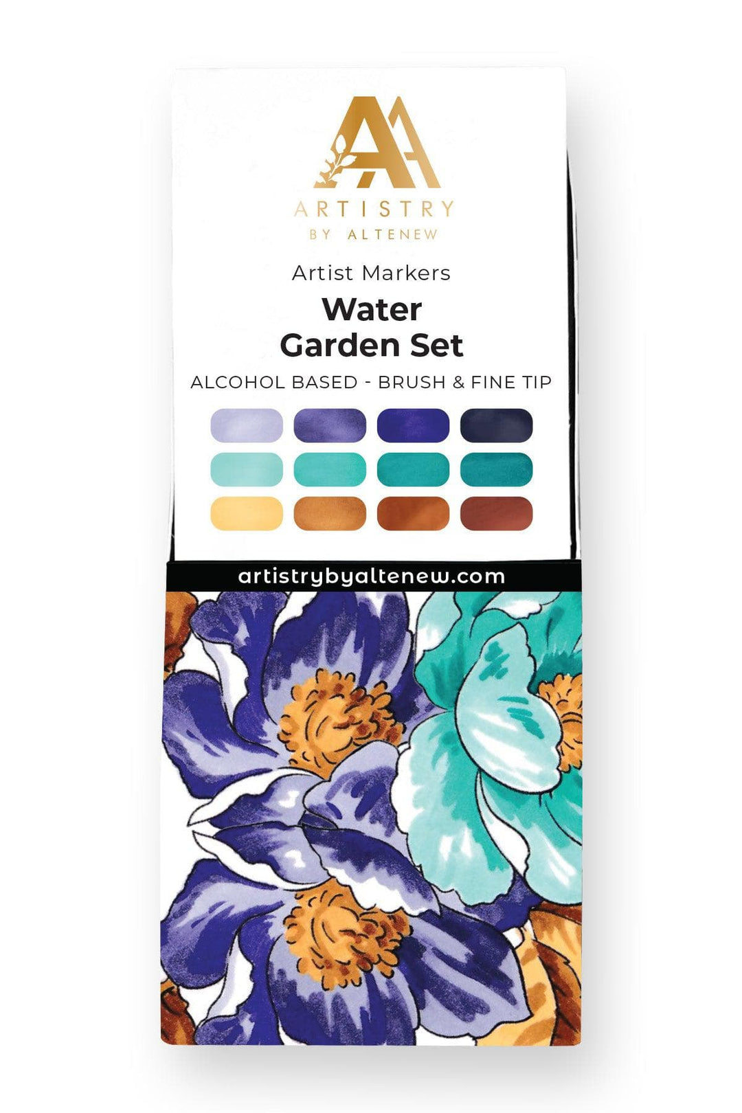 Altenew Water Garden Bundle with 12 artist alcohol markers and ink in vibrant water-themed colors, arranged on a white background.