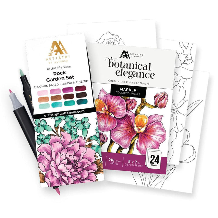 Artist Alcohol Markers Set D & Botanical Elegance Alcohol Marker Coloring Sheets Bundle