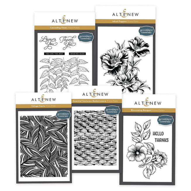 Altenew Flourishing Florals & Foliage Betterpress Plate Bundle with detailed floral and foliage designs on a printing plate set.