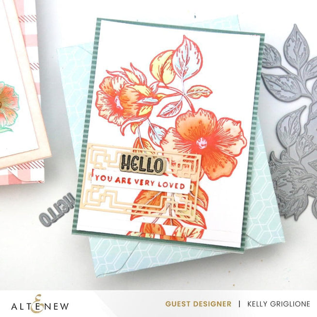 Altenew Flourishing Florals & Foliage Betterpress Plate Bundle with intricate floral and leafy designs on metal plates.